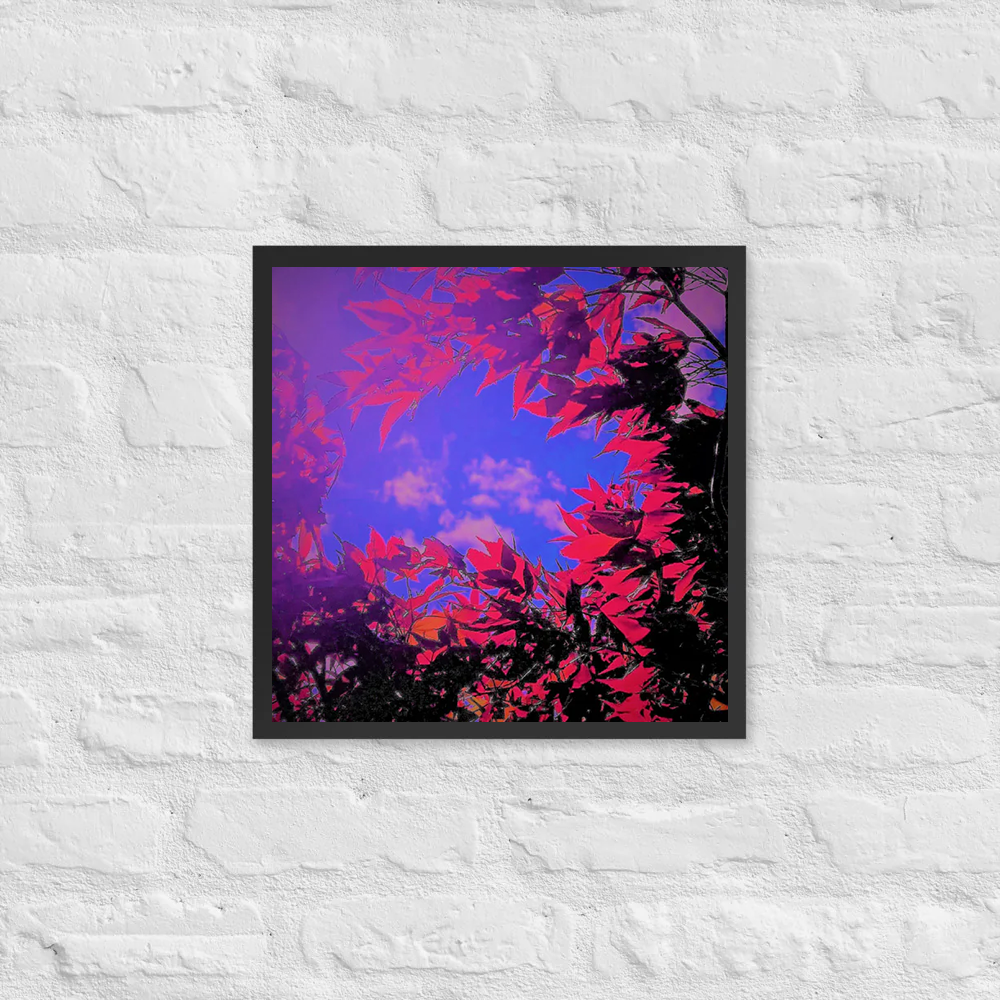 Vivid red leaves circling clouds